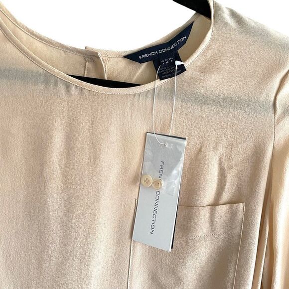 FRENCH CONNECTION Silk Crew Neck 3/4 Sleeve Blouse Front Pocket Pecan Pie 0 - Picture 4 of 6